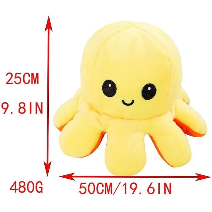 Peluche Réversible Géante XXL - DOUDOU - Pieuvre - Jaune - 50x25cm-1