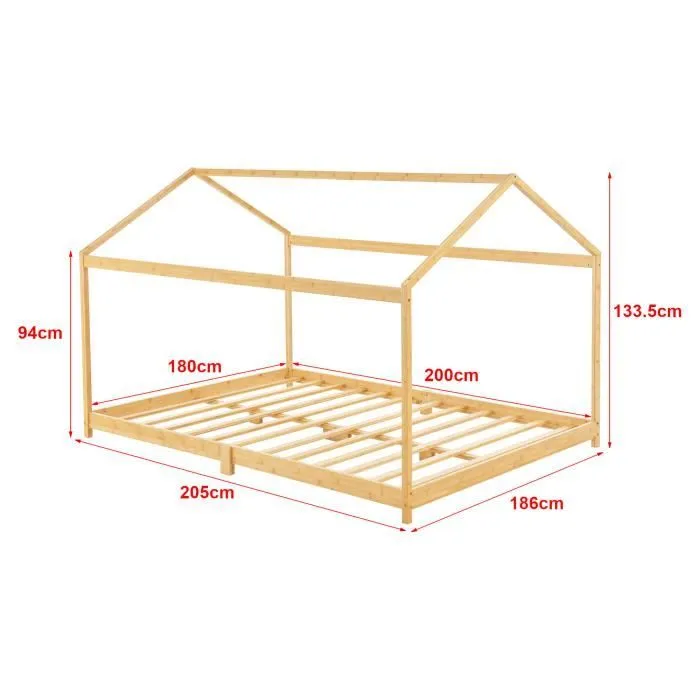 Lit cabane Vindafjord pour enfant 180 x 200 cm avec matelas sommier à lattes bambou naturel [en.casa]-2