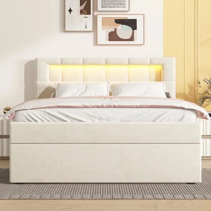 Lit coffre - Minimaliste - 90x200 cm - Velours beige - Tête de lit réglable LED - Avec tiroirs-1