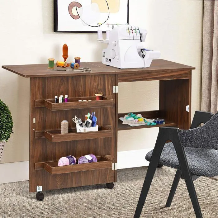 COSTWAY Table de Bureau Couture Pliante -3 Bacs et 1 Etagère de Rangement - Roulettes Verrouillables pour Salon, Studio en Bois-5