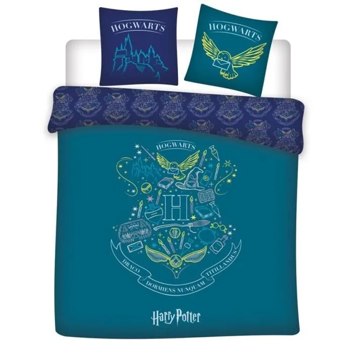 Harry Potter - Parure de Lit double Poudlard Bleu Lit 2 places, Housse de couette 240x220 cm, deux Taies d’oreiller 63x63 cm-0