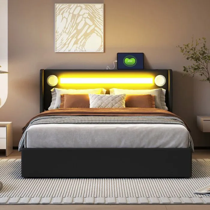 MODERNLUXE Lit coffre rembourré 140x200cm avec LED, lecteur Bluetooth - USB - sommier à lattes - en similicuir - Noir-1