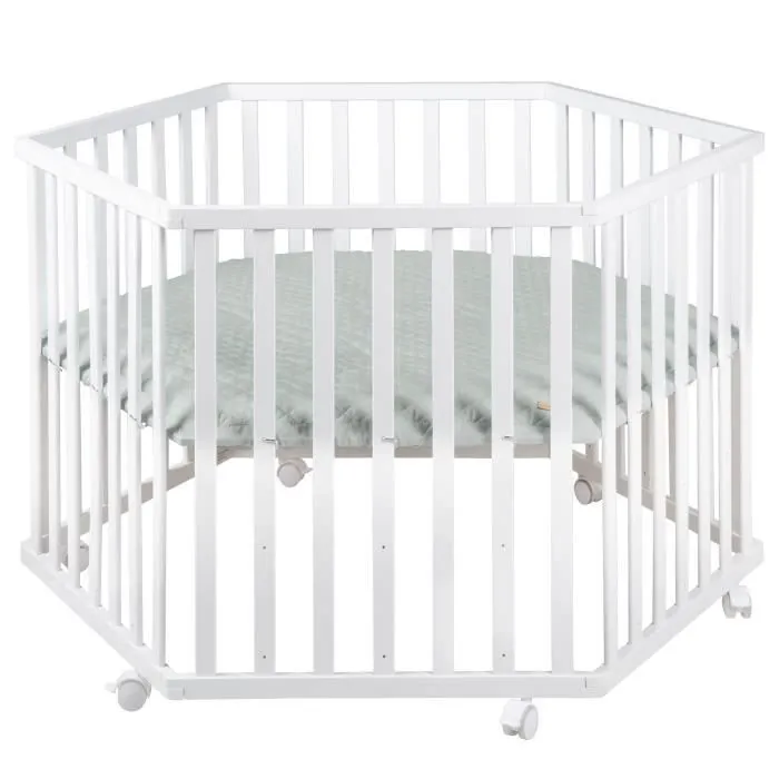 ROBA Parc Bébé "roba Style" Hexagonal + Insert de Protection Vert et Roulettes - Bois Laqué Blanc-0