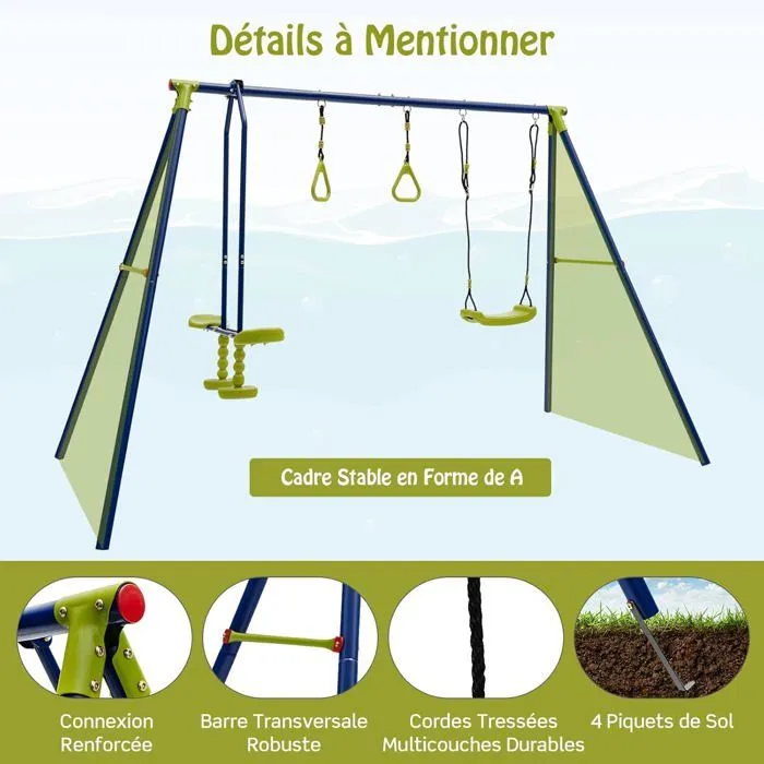 COSTWAY Portique avec Balançoire, 1 Face à Face et 2 Anneaux de Gymnastique en Métal Cadre en Forme de A Charge 200kg 3-10 Ans-5