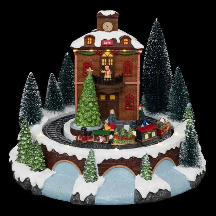 Village de Noël lumineux gare avec train animé-1