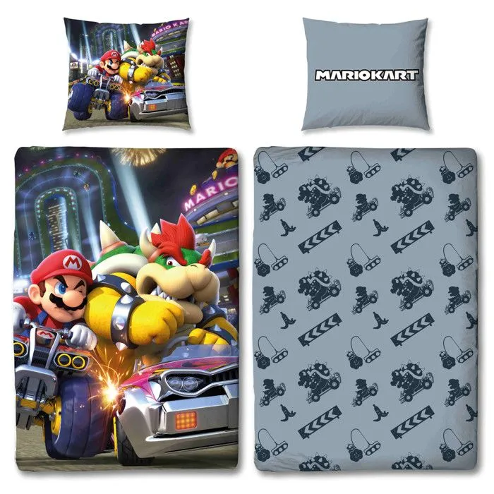 Mario Kart, Parure de Lit Enfant Imprimée Réversible, Modèle Mario vs Bowser, Housse de Couette 140x200 cm, Taie d’Oreiller 63x63 cm-1