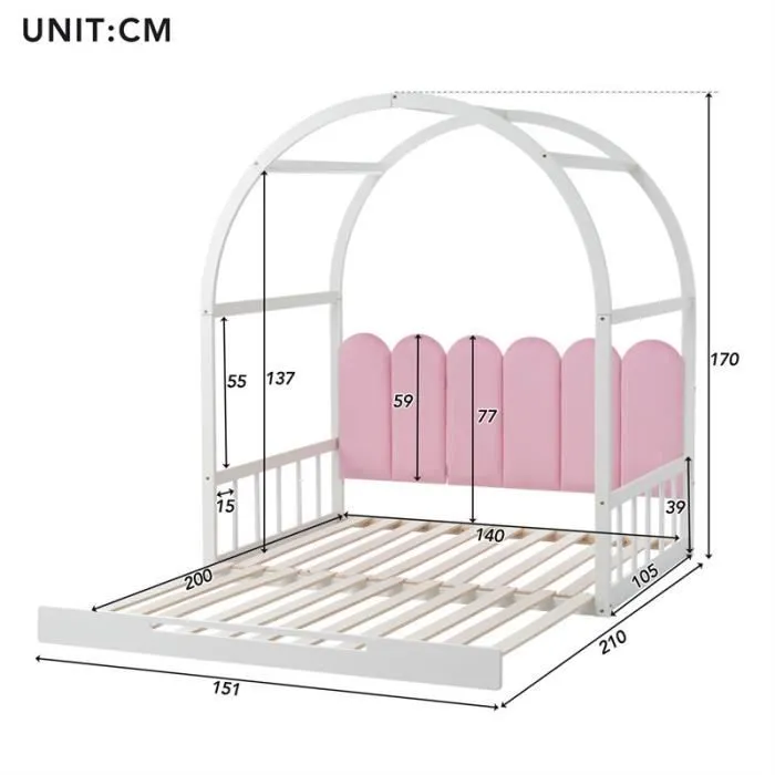 Lit gigogne - Enfant - 140x100cm/140x200cm - Bois massif - Blanc et rose - 2 places-3
