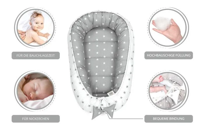 Reducteur de lit bebe 90x50 cm - cale bebe pour lit bebe cocoon gris et blanc avec des étoiles-1