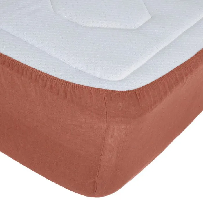 Drap housse en 100% lin Terracotta 140x190 cm-1