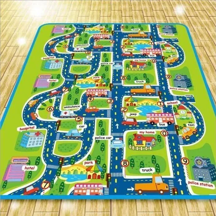Tapis de Jeu Rectangle Géant Circuit Voiture de Course Cadeau pour Bébé Enfant Tapis Pique-nique - LARATHY-0