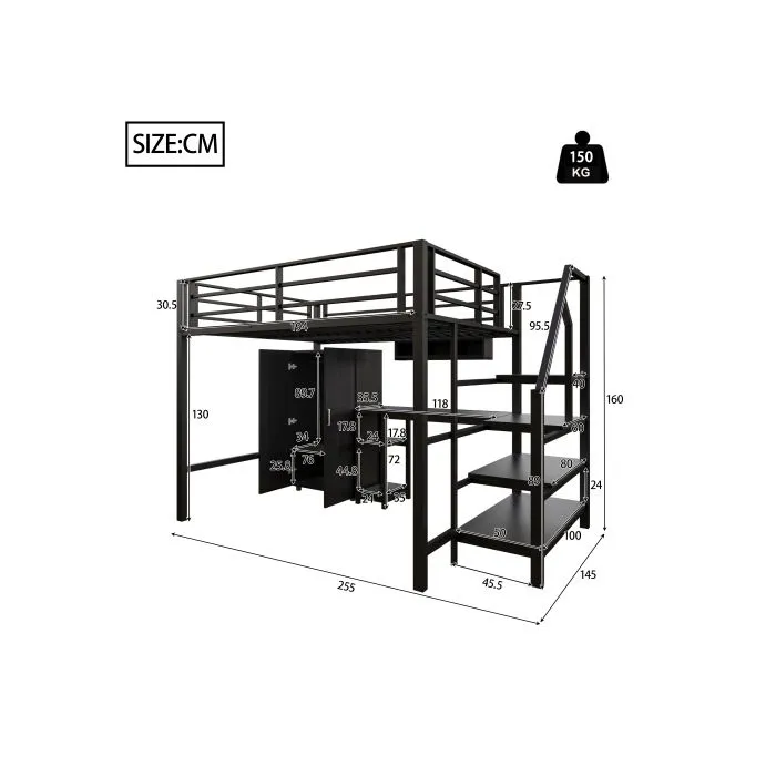Lit mezzanine, 140*200cm , armoire, étagères, échelle de rangement, bureau, sans matelas, noir-4