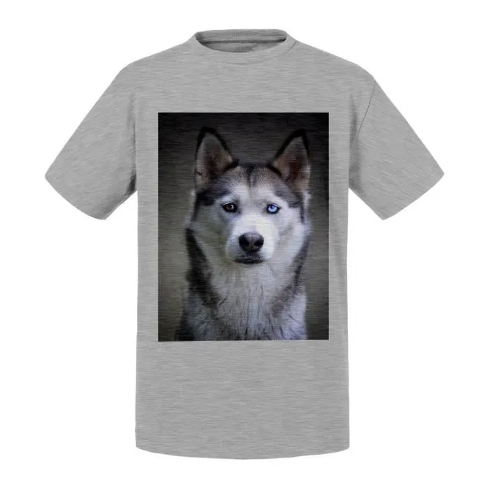 T-shirt Enfant Noir Magnifique Husky Gros Chien Poil Long Portrait Yeux Vairons-0