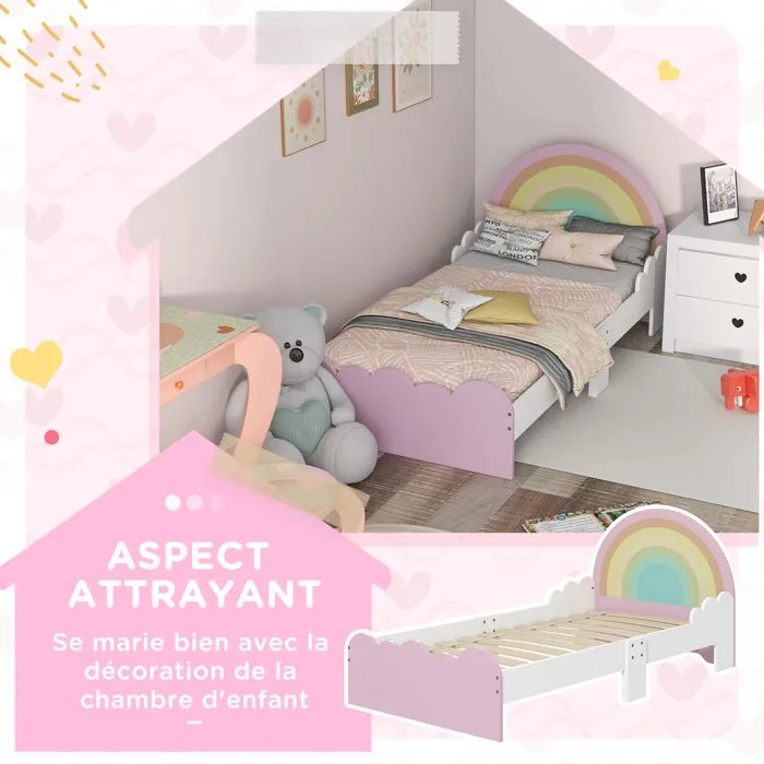 Lit enfant design girly motifs arc en ciel, nuages - sommier à lattes inclus - MDF contreplaqué rose blanc-4