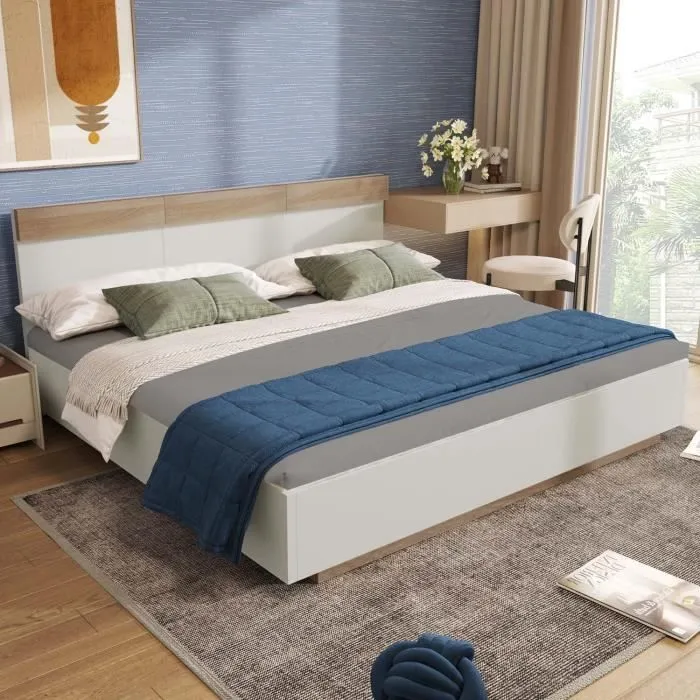 ModernLuxe Lit adulte 180x200cm - cadre en bois - sommier à lattes - style scandinave - chêne + blanc-1