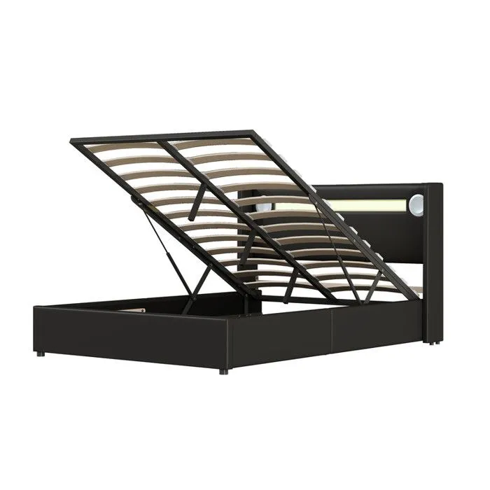 MODERNLUXE Lit coffre rembourré 140x200cm avec LED, lecteur Bluetooth - USB - sommier à lattes - en similicuir - Noir-2