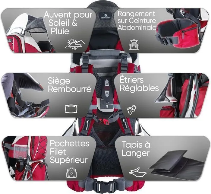 DROMADER Porte Bébé Randonnée - Confortable jusqu'à 22kg - Sac à Dos avec Poche Isolante, Pare-Soleil & Pluie - Rouge-2