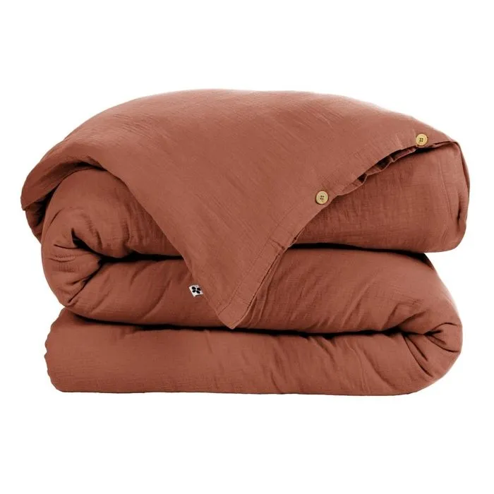 Housse de couette 1 pers 140 x 200 cm double gaze de coton Gaïa Brique-0