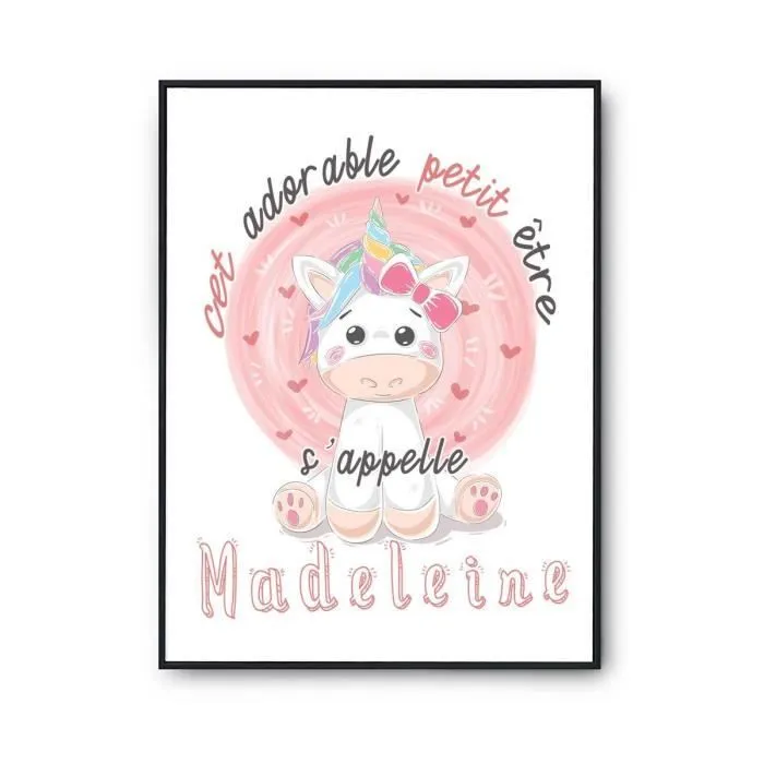 Affiche bébé prénom Madelaine Licorne - Poster pour chambre bébé et enfant - Rose - Chambre - Décoration murale-0