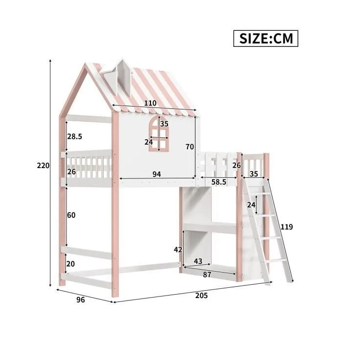 Lit mezzanine - Enfant - 90x200cm - Bois massif - Rose - Échelle de sécurité-3