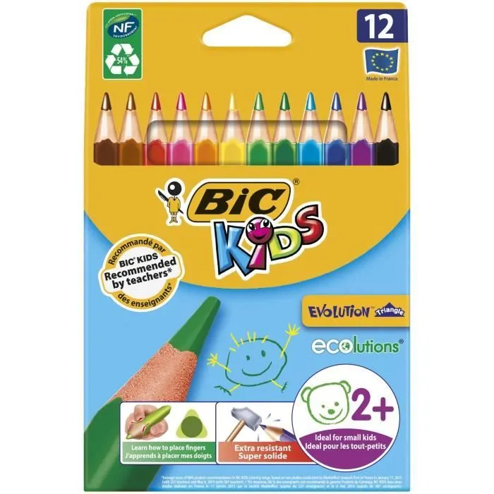 BIC Kids Evolution Triangle ECOlutions Crayons de Couleurs Triangulaires - Couleurs Assorties, Etui Carton de 12-0
