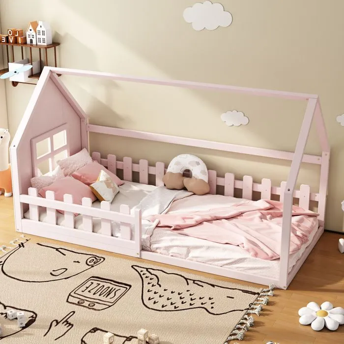 Lit cabane pour enfant 90x200 cm - en forme de maison - en bois de pin et MDF - Rose-0