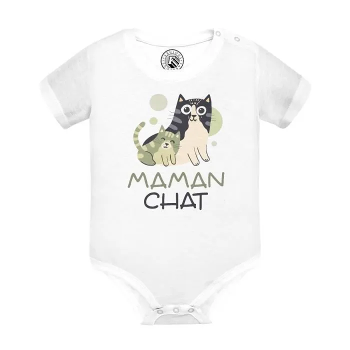 Body Bébé Manche Courte Blanc Maman Chat et son Chaton Dessin Illustration Bebe-0