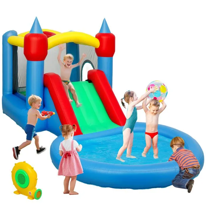 Château gonflable 4 en 1 - AIYAPLAY - toboggan, panier de basket, piscine à balles - souffleur 370W - 415 x 205 x 190 cm-0