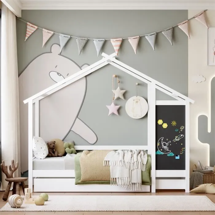 Lit cabane - DREAMMESPACE - 90x200 cm - Blanc - 1 petit tiroir - 1 grand tiroir-1