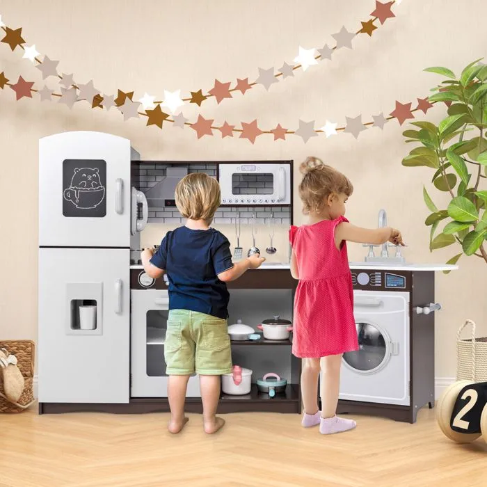 COSTWAY Cuisine d'Angle XXL pour Enfants de 3 Ans+ 8 Accessoires avec Téléphone , Machine à Glaçons, Micro-Ondes, Machine à Laver-0