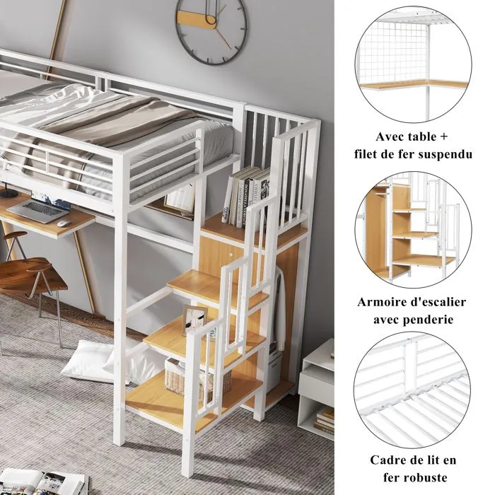Lit mezzanine - Non spécifié - 90 x 200 cm - Blanc - Échelle latérale - Armoire intégrée-4