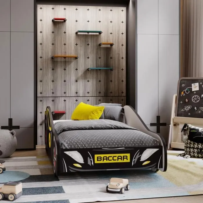 Lit Complet Enfant Lit voiture de course pour enfants - BATCAR - 70 x 140 cm - Noir - Avec Sommier et Matelas-3