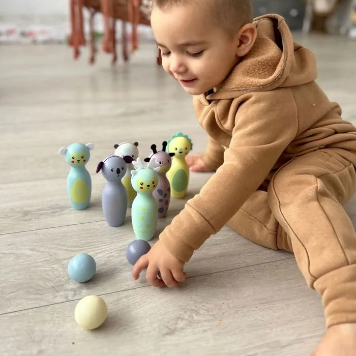 Jeux de Quille Bowling Enfant en Bois- Mamabrum- Lot de 6 bowling et 4 Boules - Animaux pastels- divertissement en Famille-1