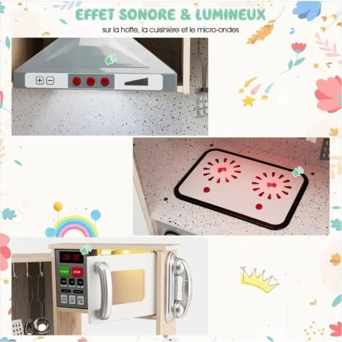 COSTWAY Cuisine d Angle Enfants en Bois 9 Accessoires Effect Sonore et Lumineux, Jeu d'imitation 3 Ans+, Cadeau idéal-0