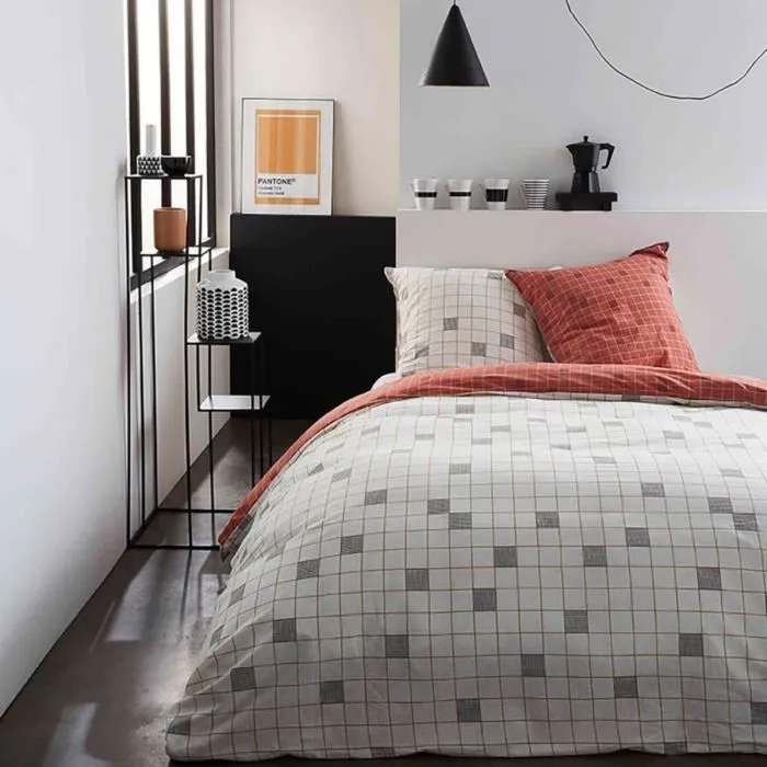 Parure de lit - TODAY - Imprimé quadrillé - 100% coton - Dimensions 240x260 cm - Style scandinave-0