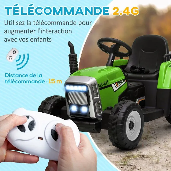 Tracteur électrique - HOMCOM - avec remorque amovible - avec télécommande MP3 musique affichage lumières - enfants 3-6 ans - vert-5