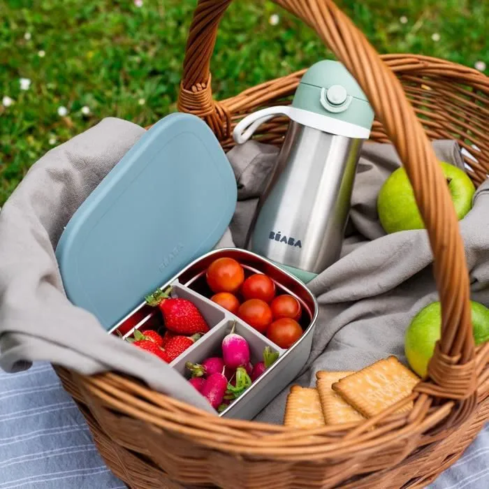 BEABA, Boîte repas enfant en inox, couvercle en silicone et housse de protection, Gris velours et bleu-8