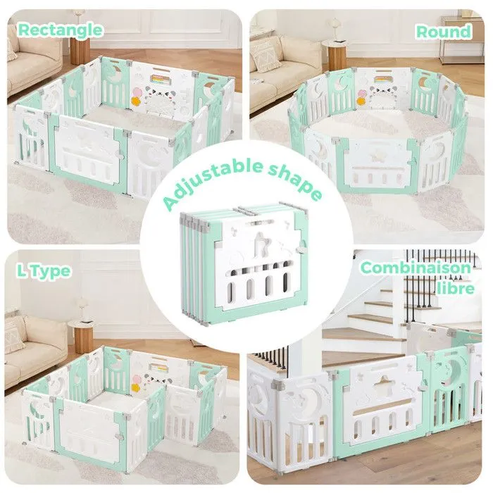 Parc Bébé 12+2 Panneaux, Parc Bebe Modulable Plastique, Parc Bebe 150×150CM avec Porte,Parcs Enfant XL avec Panneau d'activité, Vert-4