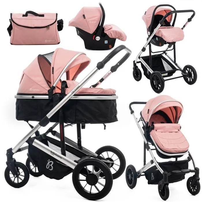 BEBELISSIMO - Poussette combinée trio 3 en 1 - siège auto 0m – nacelle – dès la naissance – jusqu’à 22kg – Victoire I-Size - rose-0