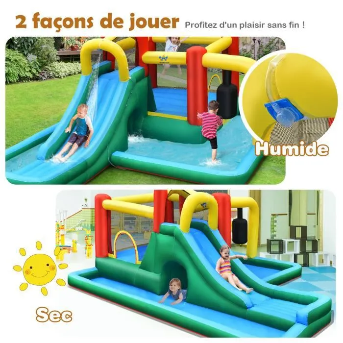 COSTWAY Château gonflable pour Enfants de 3-10 Ans avec Pataugeoire Toboggan Mur d’escalade Tunnel 470 x 370 x 190cm sans Gonfleur-2