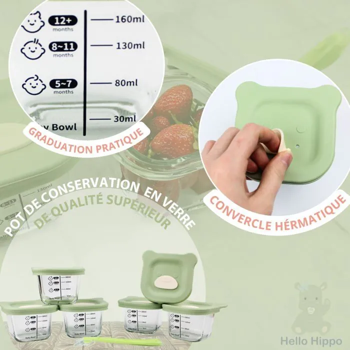 HELLO HIPPO® Lots de 6 Petit Pots en verre Bébé 180ml - Idéaux pour Compotes, Purées et Fruits, Hermétiques et Pratiques-2
