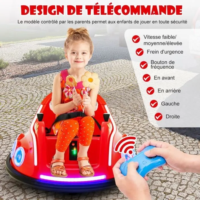 COSTWAY 12V Auto Tamponneuse Electrique 360° pour Enfants, Télécommande 2.4G, avec Lumières Clignotantes & Musique, 3-8 Ans, Rouge-3