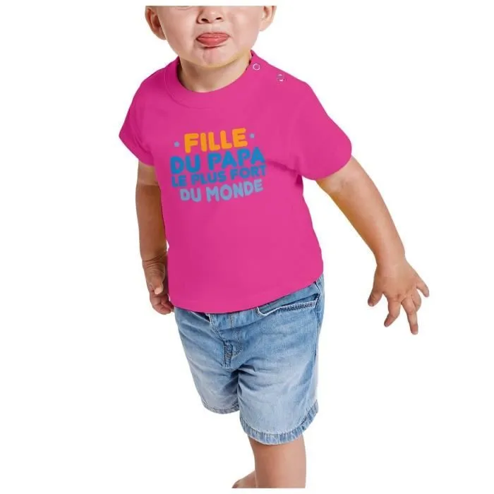 T-shirt Bébé Manche Courte Rose Fille du Papa le Plus Fort du Monde Père Famille-1