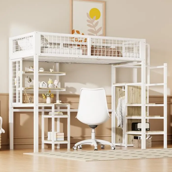 Lit mezzanine - DREAMMESPACE - 90x200cm - Blanc - Échelle de sécurité - Armoire intégrée-0