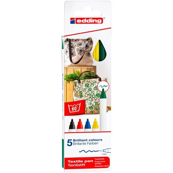 Feutres pour textiles - edding - 4600 - Set de 5 - Pointe 1 mm - Lavable à 60 °C-1