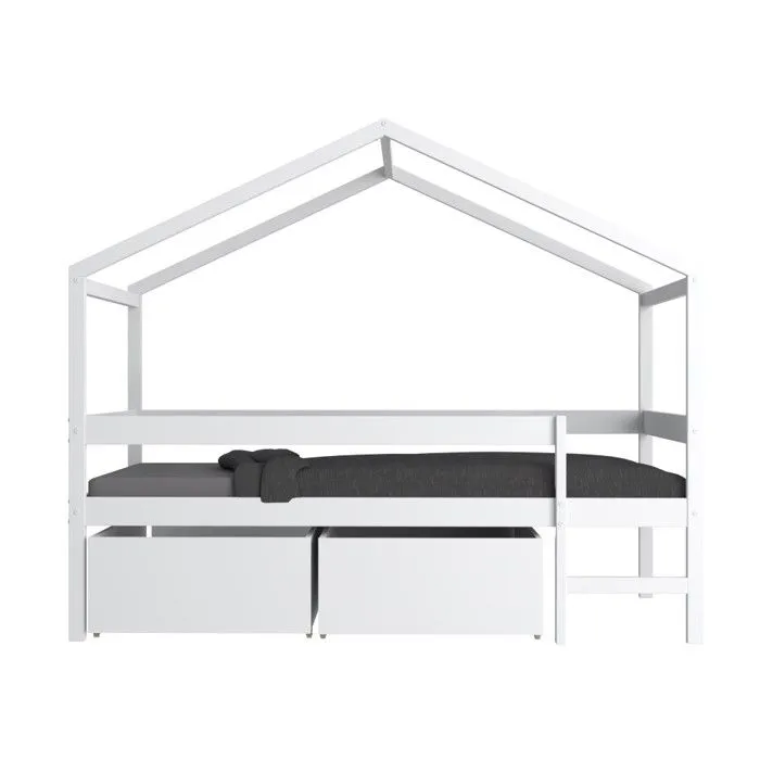 Lit cabane MIKA 90x190 + sommier + 2 tiroirs / Blanc-4