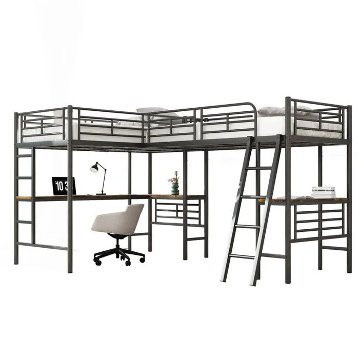 Lit mezzanine - Noir - 90x200cm - Table sous le lit - Double escalier - Garde-corps hauts-1