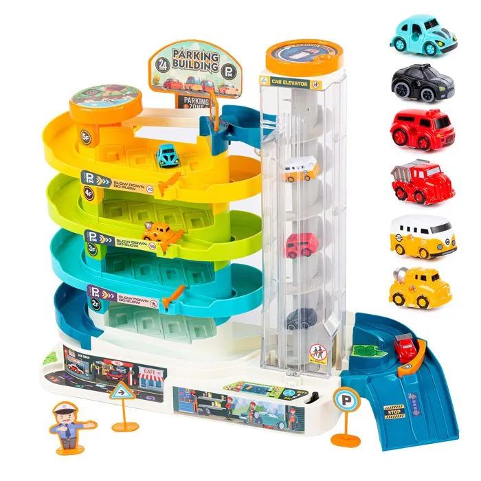 Garage Kinderplay KP3496 avec ascenseur – parking spiralé, 6 voitures, sons et lumières – jouet enfant dès 3 ans-0
