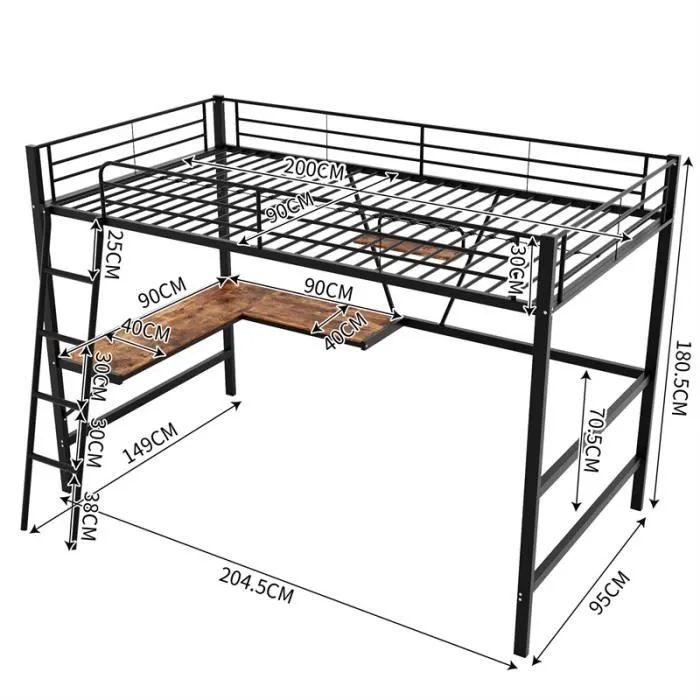 Lit mezzanine - DREAMMESPACE - 90x200cm - Métal - Bureau en L - Noir-3