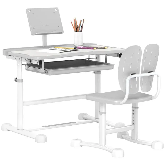 Bureau enfant avec chaise - AIYAPLAY - réglable en hauteur, plateau incliné 45°, tiroir et support de livre, gris-0