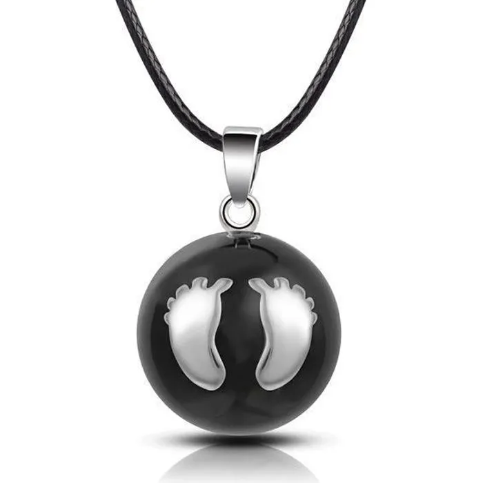 Bola de grossesse boule noire avec empreintes de pieds * Longueur collier : 114 cm * Matière collier : Cuir ciré * Matière-0